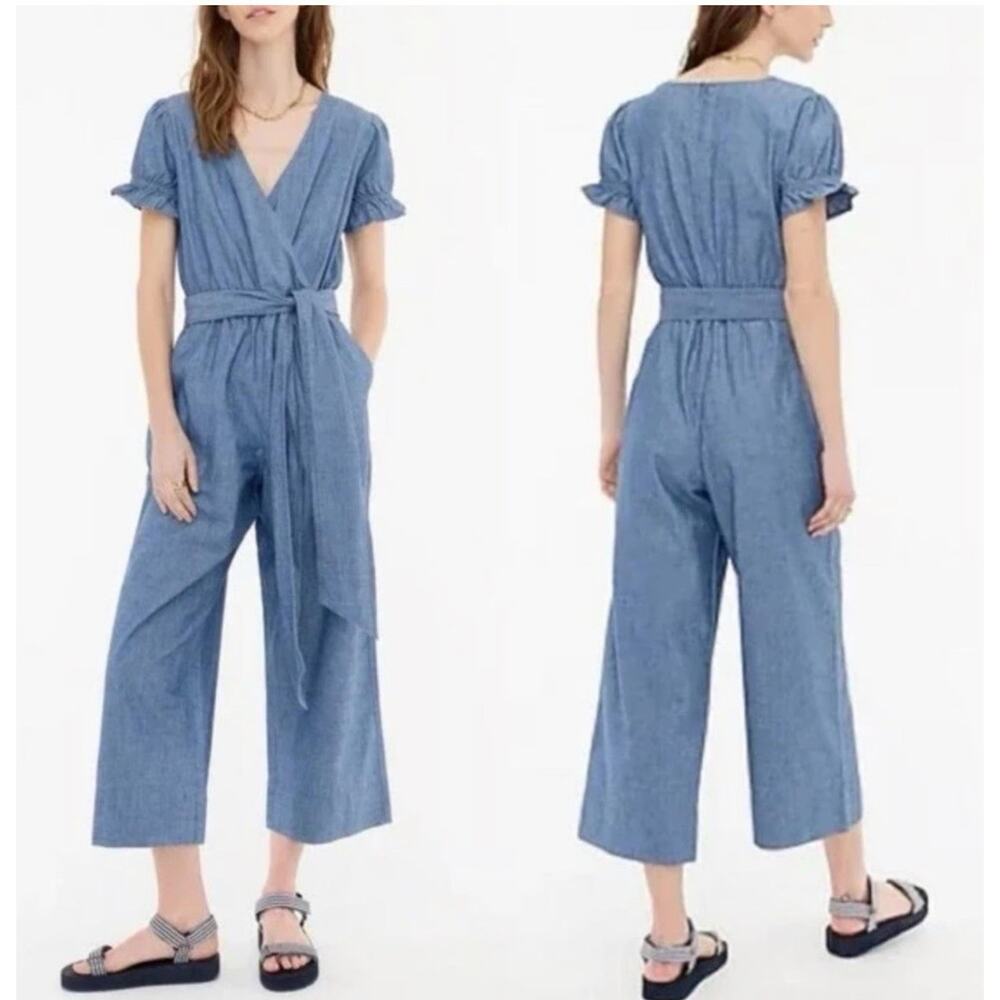 J.Crew Ruffle Chambray Jumpsuit 2 Denim Cotton No Belt A003110